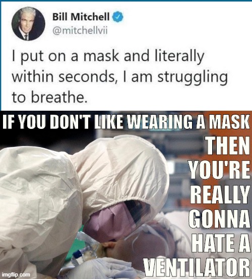 What an overdramatic crybaby. The hypersensitivity of covidiots like him has already gotten people killed. | THEN YOU'RE REALLY GONNA HATE A VENTILATOR; IF YOU DON'T LIKE WEARING A MASK | image tagged in coronavirus victim,covid-19,coronavirus,face mask,pandemic,covidiots | made w/ Imgflip meme maker