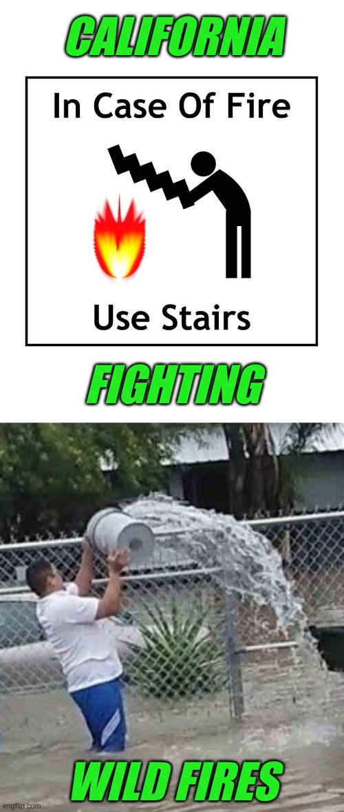 fire and water solution fails | CALIFORNIA; FIGHTING; WILD FIRES | image tagged in fire and water solution fails,california fires,liberal logic,trump 2020 | made w/ Imgflip meme maker