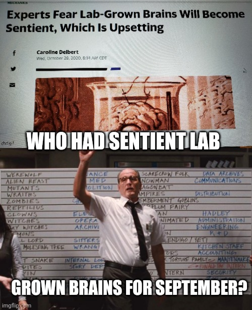 Brains | WHO HAD SENTIENT LAB; GROWN BRAINS FOR SEPTEMBER? | image tagged in cabin the the woods | made w/ Imgflip meme maker