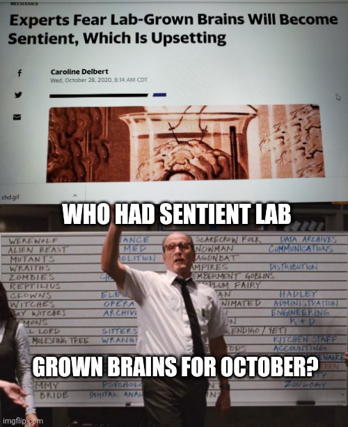 Brains Oct. | WHO HAD SENTIENT LAB; GROWN BRAINS FOR OCTOBER? | image tagged in cabin the the woods | made w/ Imgflip meme maker