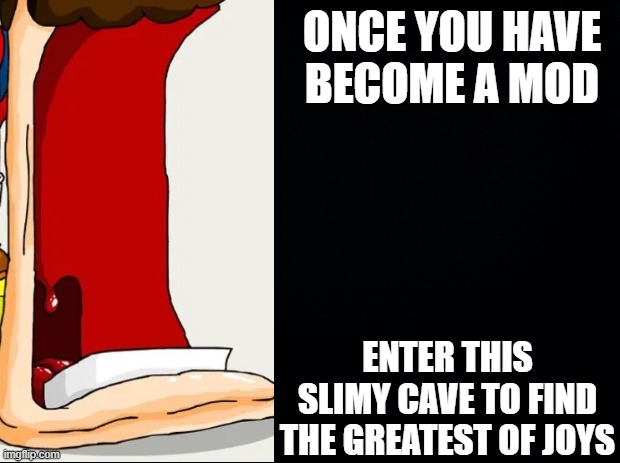 Black background | ONCE YOU HAVE BECOME A MOD; ENTER THIS SLIMY CAVE TO FIND THE GREATEST OF JOYS | image tagged in black background | made w/ Imgflip meme maker