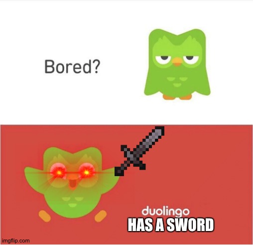 back at it again. | HAS A SWORD | image tagged in duolingo bored | made w/ Imgflip meme maker