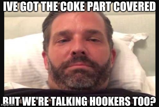 Trump Jr | IVE GOT THE COKE PART COVERED BUT WE'RE TALKING HOOKERS TOO? | image tagged in trump jr | made w/ Imgflip meme maker