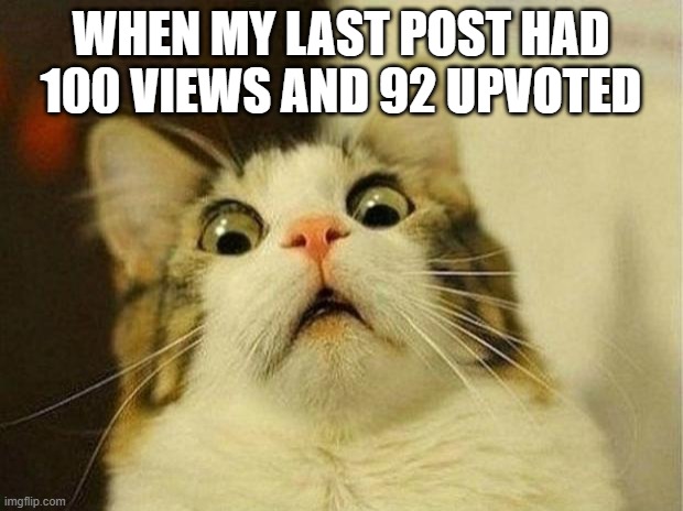 Scared Cat | WHEN MY LAST POST HAD 100 VIEWS AND 92 UPVOTED | image tagged in memes,scared cat | made w/ Imgflip meme maker