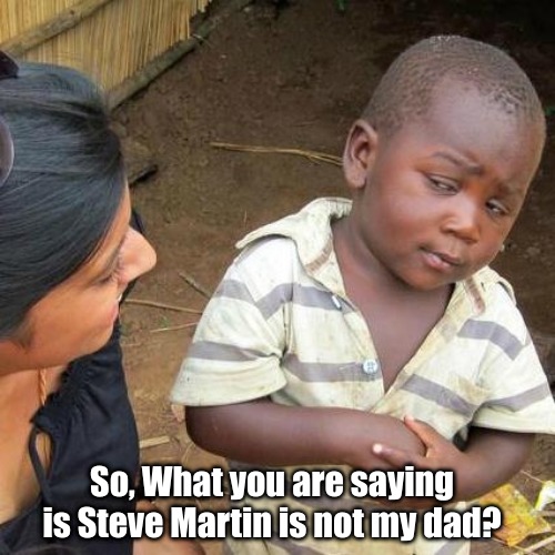 I was Born a poor Black Child | So, What you are saying is Steve Martin is not my dad? | image tagged in memes,third world skeptical kid,the jerk | made w/ Imgflip meme maker