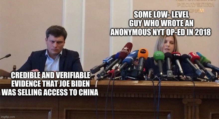 Corruption | SOME LOW- LEVEL GUY WHO WROTE AN ANONYMOUS NYT OP-ED IN 2018; CREDIBLE AND VERIFIABLE EVIDENCE THAT JOE BIDEN WAS SELLING ACCESS TO CHINA | image tagged in man and woman microphone,joe biden,corruption,2020,election,china | made w/ Imgflip meme maker