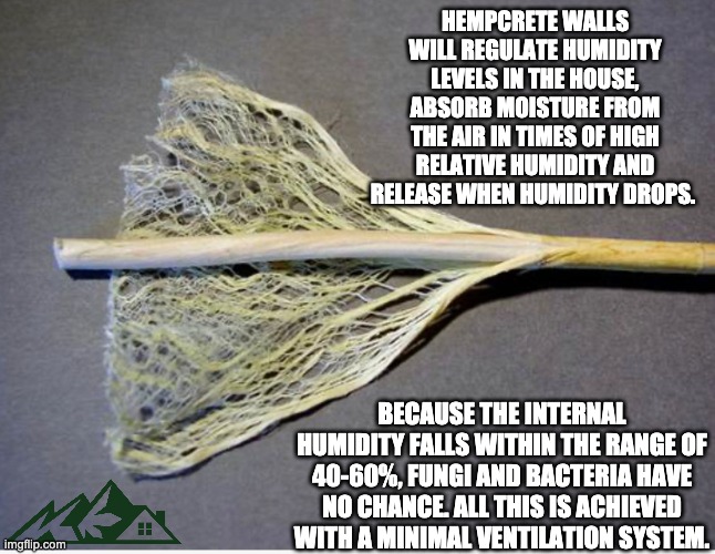 Hempcrete RH | HEMPCRETE WALLS WILL REGULATE HUMIDITY LEVELS IN THE HOUSE, ABSORB MOISTURE FROM THE AIR IN TIMES OF HIGH RELATIVE HUMIDITY AND RELEASE WHEN HUMIDITY DROPS. BECAUSE THE INTERNAL HUMIDITY FALLS WITHIN THE RANGE OF 40-60%, FUNGI AND BACTERIA HAVE NO CHANCE. ALL THIS IS ACHIEVED WITH A MINIMAL VENTILATION SYSTEM. | image tagged in building | made w/ Imgflip meme maker