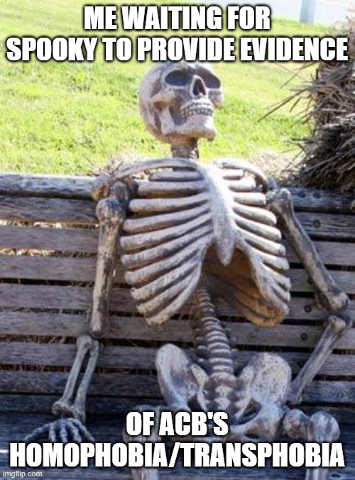 Waiting Skeleton Meme | ME WAITING FOR SPOOKY TO PROVIDE EVIDENCE OF ACB'S HOMOPHOBIA/TRANSPHOBIA | image tagged in memes,waiting skeleton | made w/ Imgflip meme maker