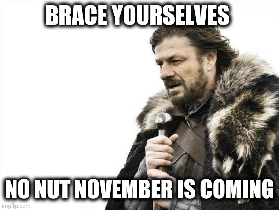 Brace Yourselves | BRACE YOURSELVES; NO NUT NOVEMBER IS COMING | image tagged in brace yourselves | made w/ Imgflip meme maker
