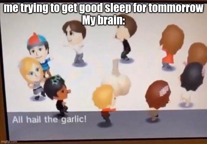 ALL HAIL THE GARLIC | me trying to get good sleep for tommorrow
My brain: | image tagged in all hail the garlic | made w/ Imgflip meme maker