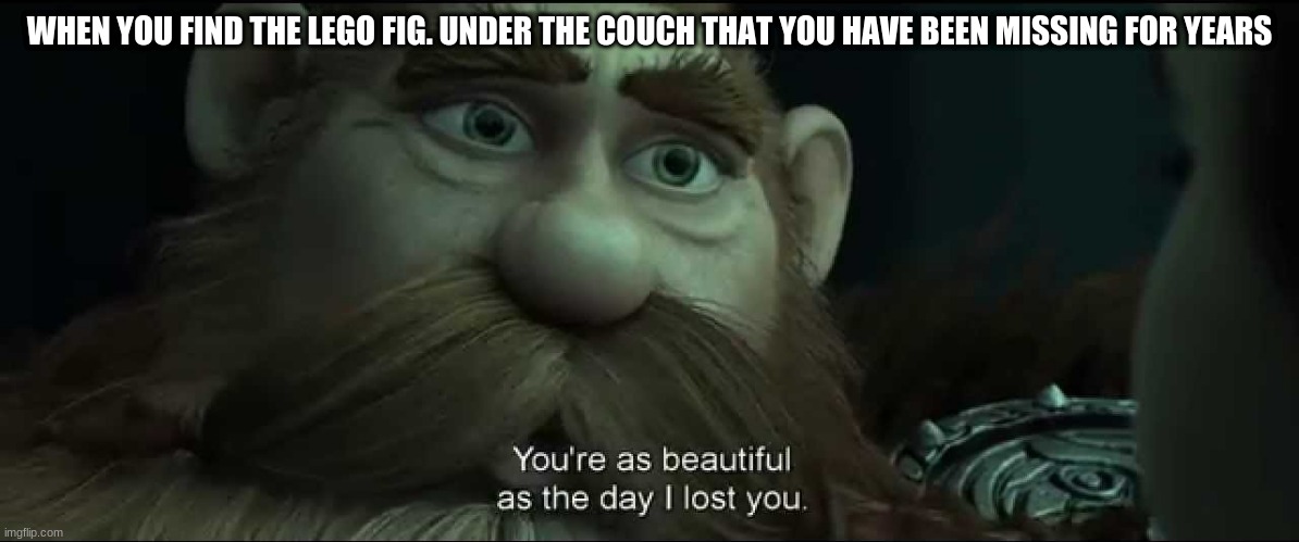 lego meme | WHEN YOU FIND THE LEGO FIG. UNDER THE COUCH THAT YOU HAVE BEEN MISSING FOR YEARS | image tagged in you are as beautiful as the day i lost you | made w/ Imgflip meme maker
