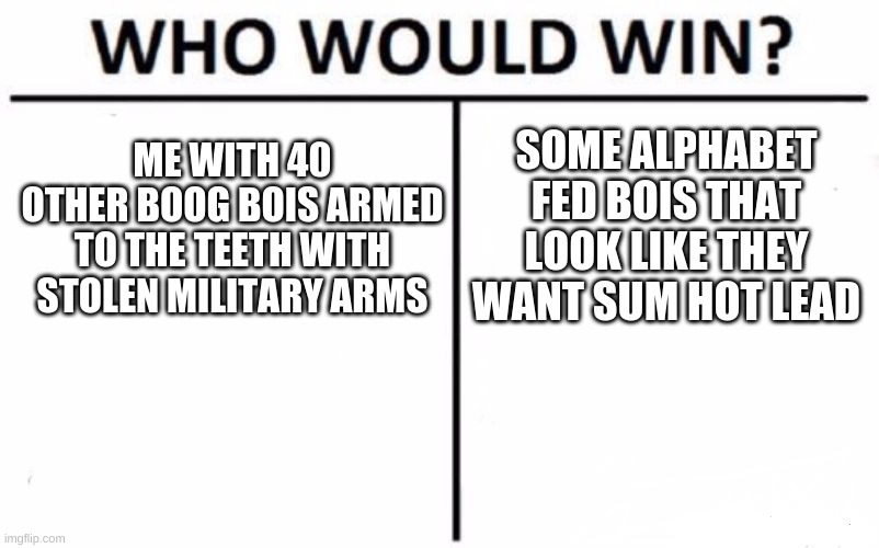Ill let you decide | ME WITH 40 OTHER BOOG BOIS ARMED TO THE TEETH WITH STOLEN MILITARY ARMS; SOME ALPHABET FED BOIS THAT LOOK LIKE THEY WANT SUM HOT LEAD | image tagged in memes,who would win,bring back the boog | made w/ Imgflip meme maker