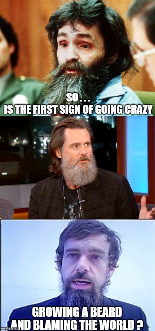 Nutty or not? | SO . . .
IS THE FIRST SIGN OF GOING CRAZY; GROWING A BEARD AND BLAMING THE WORLD ? | image tagged in jack dorsey,dorsey,beard,free speech,twitter,censorship | made w/ Imgflip meme maker