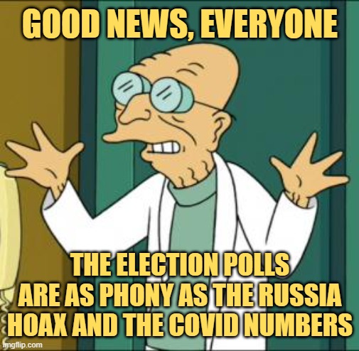 The media lies will never stop until you shut the TV off. | GOOD NEWS, EVERYONE; THE ELECTION POLLS ARE AS PHONY AS THE RUSSIA HOAX AND THE COVID NUMBERS | image tagged in libtards,msm lies,phony,fake news | made w/ Imgflip meme maker
