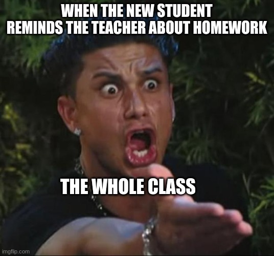 DJ Pauly D |  WHEN THE NEW STUDENT REMINDS THE TEACHER ABOUT HOMEWORK; THE WHOLE CLASS | image tagged in memes,dj pauly d | made w/ Imgflip meme maker