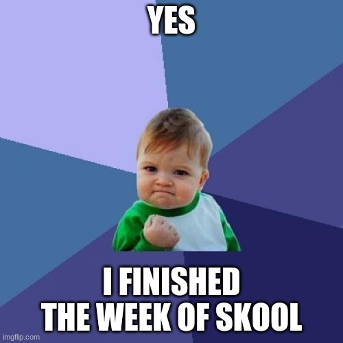 This is me everytime i finish 1 week of skool | YES; I FINISHED THE WEEK OF SKOOL | image tagged in memes,success kid | made w/ Imgflip meme maker