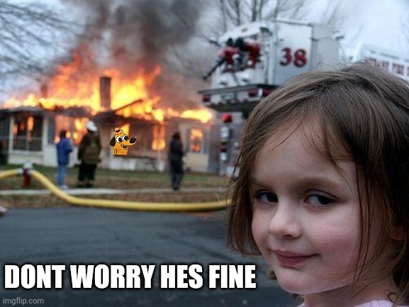 Disaster Girl Meme | DONT WORRY HES FINE | image tagged in memes,disaster girl | made w/ Imgflip meme maker