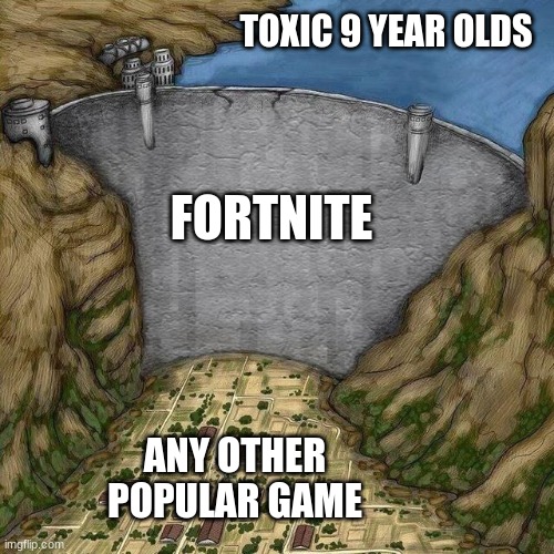 our savior | TOXIC 9 YEAR OLDS; FORTNITE; ANY OTHER POPULAR GAME | image tagged in water dam meme | made w/ Imgflip meme maker