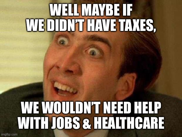 Taxes | WELL MAYBE IF WE DIDN’T HAVE TAXES, WE WOULDN’T NEED HELP WITH JOBS & HEALTHCARE | image tagged in nicolas cage | made w/ Imgflip meme maker