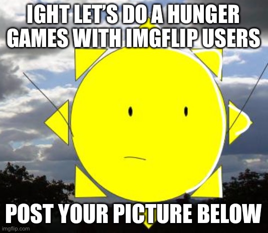 Sunny's Cringe | IGHT LET’S DO A HUNGER GAMES WITH IMGFLIP USERS; POST YOUR PICTURE BELOW | image tagged in sunny's cringe | made w/ Imgflip meme maker