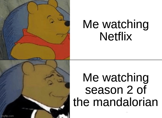 Tuxedo Winnie The Pooh | Me watching Netflix; Me watching season 2 of the mandalorian | image tagged in memes,tuxedo winnie the pooh | made w/ Imgflip meme maker