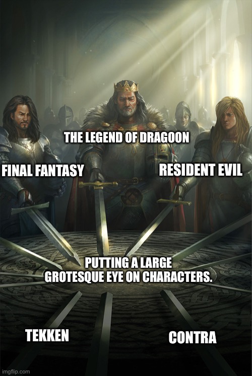 Games that have that one Large Eyed character | THE LEGEND OF DRAGOON; RESIDENT EVIL; FINAL FANTASY; PUTTING A LARGE GROTESQUE EYE ON CHARACTERS. CONTRA; TEKKEN | image tagged in swords united,video games,resident evil | made w/ Imgflip meme maker