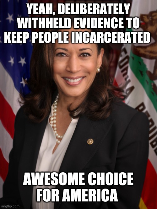 Douche | YEAH, DELIBERATELY WITHHELD EVIDENCE TO KEEP PEOPLE INCARCERATED; AWESOME CHOICE FOR AMERICA | image tagged in politics | made w/ Imgflip meme maker