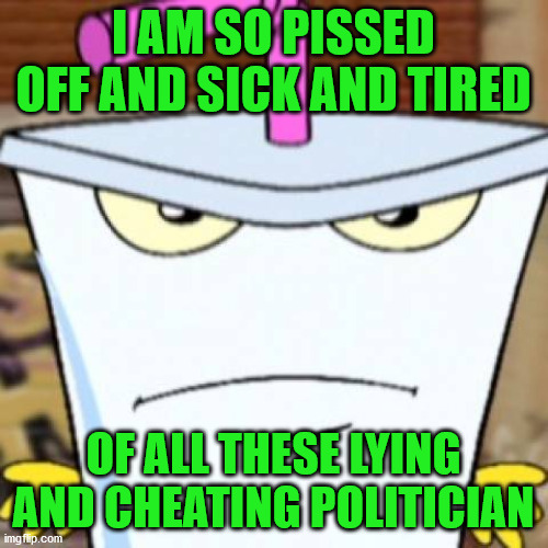 Pissed off Master Shake | I AM SO PISSED OFF AND SICK AND TIRED OF ALL THESE LYING AND CHEATING POLITICIAN | image tagged in pissed off master shake | made w/ Imgflip meme maker