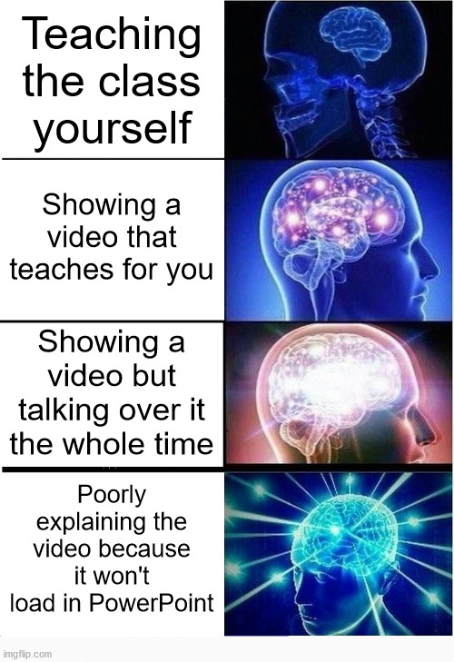 The Levels of Big Brainery | Teaching the class yourself; Showing a video that teaches for you; Showing a video but talking over it the whole time; Poorly explaining the video because it won't load in PowerPoint | image tagged in memes,expanding brain | made w/ Imgflip meme maker