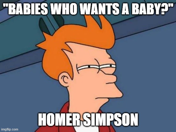 Futurama Fry Meme | "BABIES WHO WANTS A BABY?"; HOMER SIMPSON | image tagged in memes,futurama fry | made w/ Imgflip meme maker