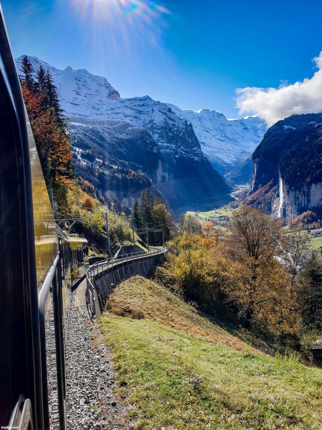 Trainride with a view. Today on the way from Lauterbrunnen to Wengen. | image tagged in trainride with a view,train,trains,i like trains | made w/ Imgflip meme maker