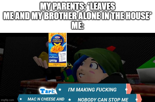 Tari mac n cheese | MY PARENTS: *LEAVES ME AND MY BROTHER ALONE IN THE HOUSE*
ME: | image tagged in tari mac n cheese | made w/ Imgflip meme maker