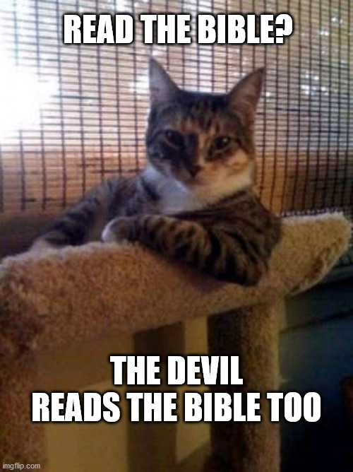 The Most Interesting Cat In The World Meme | READ THE BIBLE? THE DEVIL READS THE BIBLE TOO | image tagged in memes,the most interesting cat in the world | made w/ Imgflip meme maker
