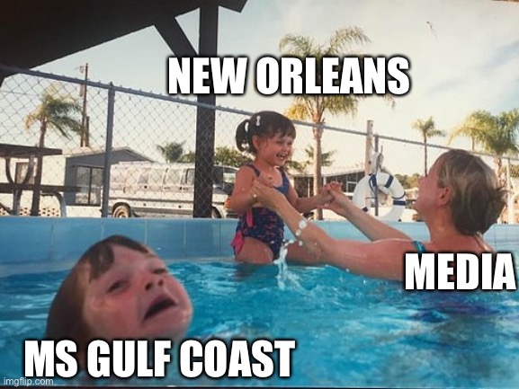 #Zeta #Hurricanes #2020 | NEW ORLEANS; MEDIA; MS GULF COAST | image tagged in drowning kid in the pool | made w/ Imgflip meme maker