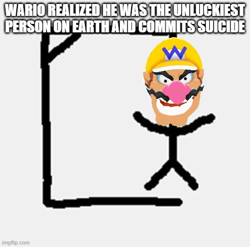 hangman | WARIO REALIZED HE WAS THE UNLUCKIEST PERSON ON EARTH AND COMMITS SUICIDE | image tagged in hangman,wario,unlucky | made w/ Imgflip meme maker