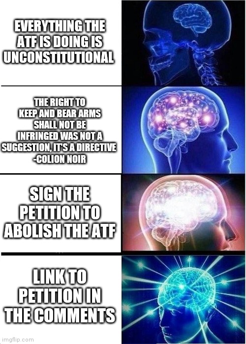 Expanding Brain | EVERYTHING THE ATF IS DOING IS UNCONSTITUTIONAL; THE RIGHT TO KEEP AND BEAR ARMS SHALL NOT BE INFRINGED WAS NOT A SUGGESTION, IT'S A DIRECTIVE 
-COLION NOIR; SIGN THE PETITION TO ABOLISH THE ATF; LINK TO PETITION IN THE COMMENTS | image tagged in memes,expanding brain,petition | made w/ Imgflip meme maker