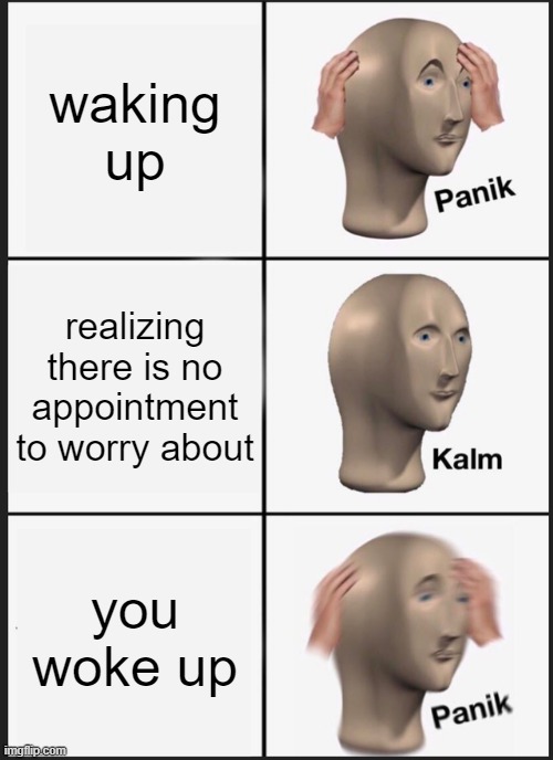 Panik Kalm Panik Meme | waking up; realizing there is no appointment to worry about; you woke up | image tagged in memes,panik kalm panik | made w/ Imgflip meme maker