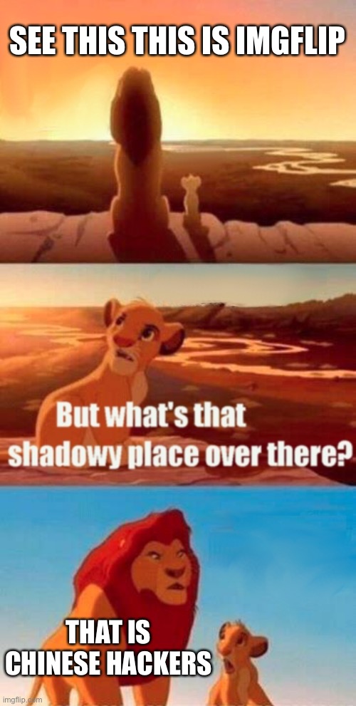 Simba Shadowy Place Meme | SEE THIS THIS IS IMGFLIP; THAT IS CHINESE HACKERS | image tagged in memes,simba shadowy place | made w/ Imgflip meme maker