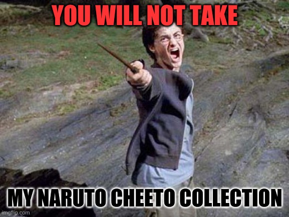 Harry Potter Yelling | YOU WILL NOT TAKE; MY NARUTO CHEETO COLLECTION | image tagged in harry potter yelling | made w/ Imgflip meme maker
