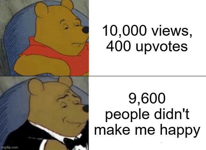Lol, so true! | 10,000 views, 400 upvotes; 9,600 people didn't make me happy | image tagged in memes,tuxedo winnie the pooh | made w/ Imgflip meme maker