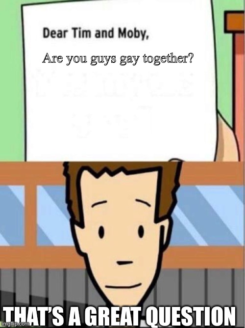 Hmmm makes you wonder about these kid friendly guys | Are you guys gay together? THAT’S A GREAT QUESTION | image tagged in dear tim and moby | made w/ Imgflip meme maker