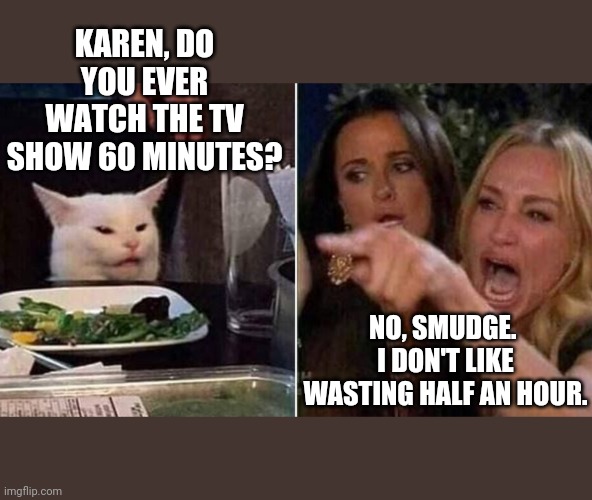 Reverse Smudge and Karen | KAREN, DO YOU EVER WATCH THE TV SHOW 60 MINUTES? NO, SMUDGE.  I DON'T LIKE WASTING HALF AN HOUR. | image tagged in reverse smudge and karen | made w/ Imgflip meme maker