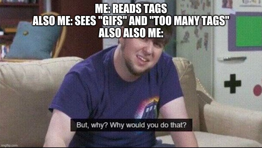 But why why would you do that? | ME: READS TAGS
ALSO ME: SEES "GIFS" AND "TOO MANY TAGS"
ALSO ALSO ME: | image tagged in but why why would you do that | made w/ Imgflip meme maker