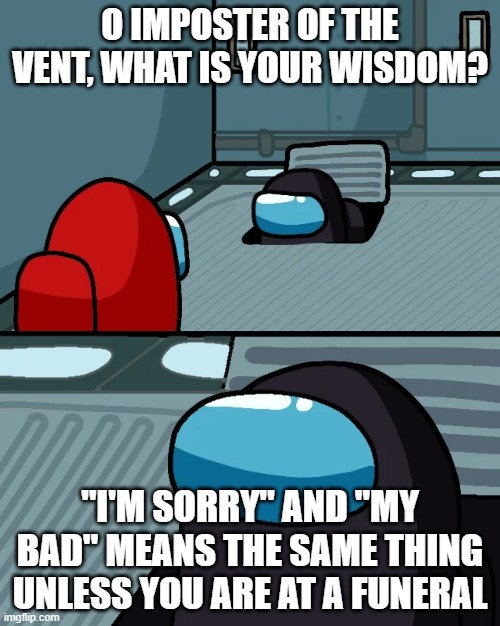 impostor of the vent | O IMPOSTER OF THE VENT, WHAT IS YOUR WISDOM? "I'M SORRY" AND "MY BAD" MEANS THE SAME THING UNLESS YOU ARE AT A FUNERAL | image tagged in impostor of the vent | made w/ Imgflip meme maker