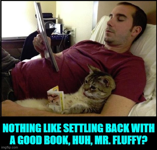 Pets with Common Interests as their Cat Masters | NOTHING LIKE SETTLING BACK WITH
A GOOD BOOK, HUH, MR. FLUFFY? | image tagged in vince vance,cats,reading,books,memes,resting | made w/ Imgflip meme maker