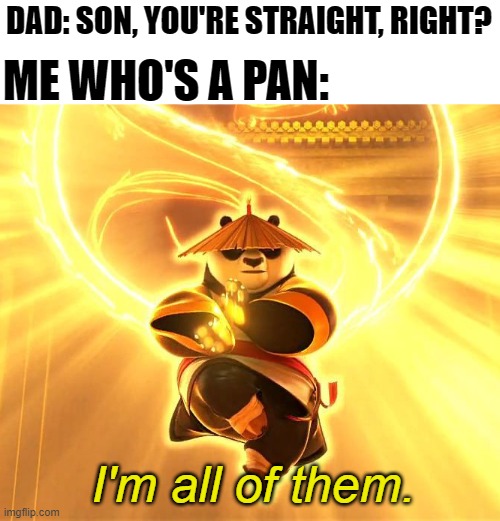 I'm All Of Them. | DAD: SON, YOU'RE STRAIGHT, RIGHT? ME WHO'S A PAN:; I'm all of them. | image tagged in lgbt,lgbtq,sexuality,kung fu panda | made w/ Imgflip meme maker