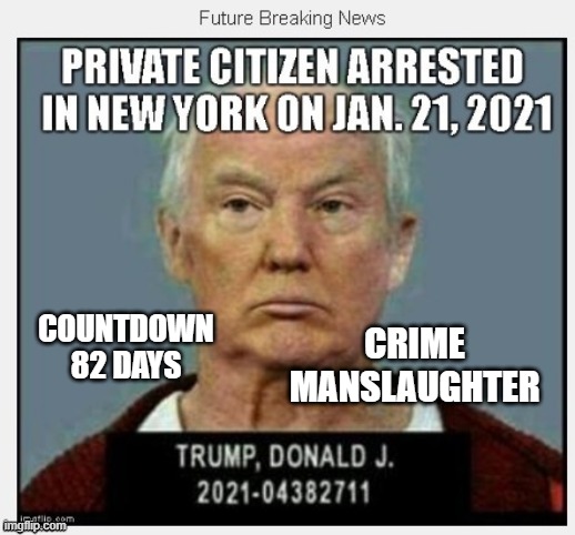 82 Days Until January 21, 2021 - COUNTDOWN In Progress - 100 Days Listing 100 Trump Crimes | CRIME
MANSLAUGHTER; COUNTDOWN
82 DAYS | image tagged in countdown,conman,traitor,treason,the murderer,genocide | made w/ Imgflip meme maker
