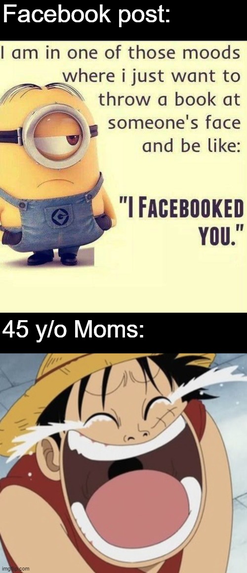 NOT FUNNY, DIDN'T LAUGH. | Facebook post:; 45 y/o Moms: | image tagged in boomer,bruh,animeme,one piece,memes,ok boomer | made w/ Imgflip meme maker