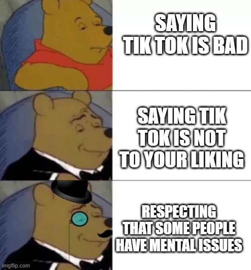 fancy winnie the pooh | SAYING TIK TOK IS BAD; SAYING TIK TOK IS NOT TO YOUR LIKING; RESPECTING THAT SOME PEOPLE HAVE MENTAL ISSUES | image tagged in fancy winnie the pooh | made w/ Imgflip meme maker