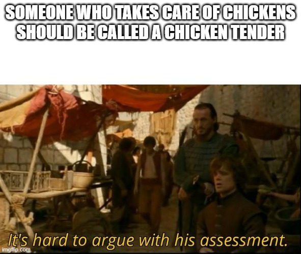 It's hard to argue with his assessment | SOMEONE WHO TAKES CARE OF CHICKENS SHOULD BE CALLED A CHICKEN TENDER | image tagged in it's hard to argue with his assessment | made w/ Imgflip meme maker